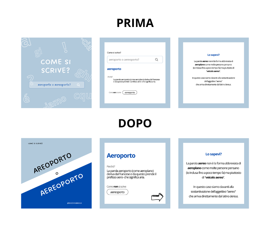 Prima e Dopo di un carosello ricreato aumentando la dimensione del testo e il contrasto e togliendo elementi decorativi 